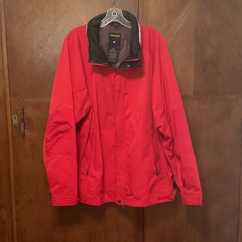 Nautica Men's Bright Red Lightweight Rain Jacket zippered pockets for utility